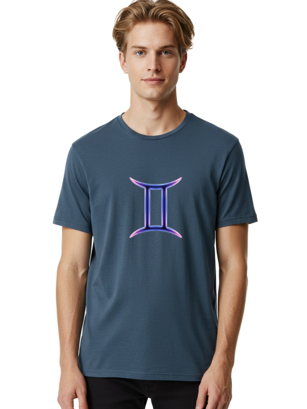 Gemini-Zodiac-Symbol Men'S Graphic Tee, 100% Cotton, Comfortable Casual Summer Wear, Machine Washable, Gemini Zodiac Sign, Astrological Symbol, Purple Gradient, Mystical Icon, Horoscope Sign, Dualistic Representation, Air Sign Bae186