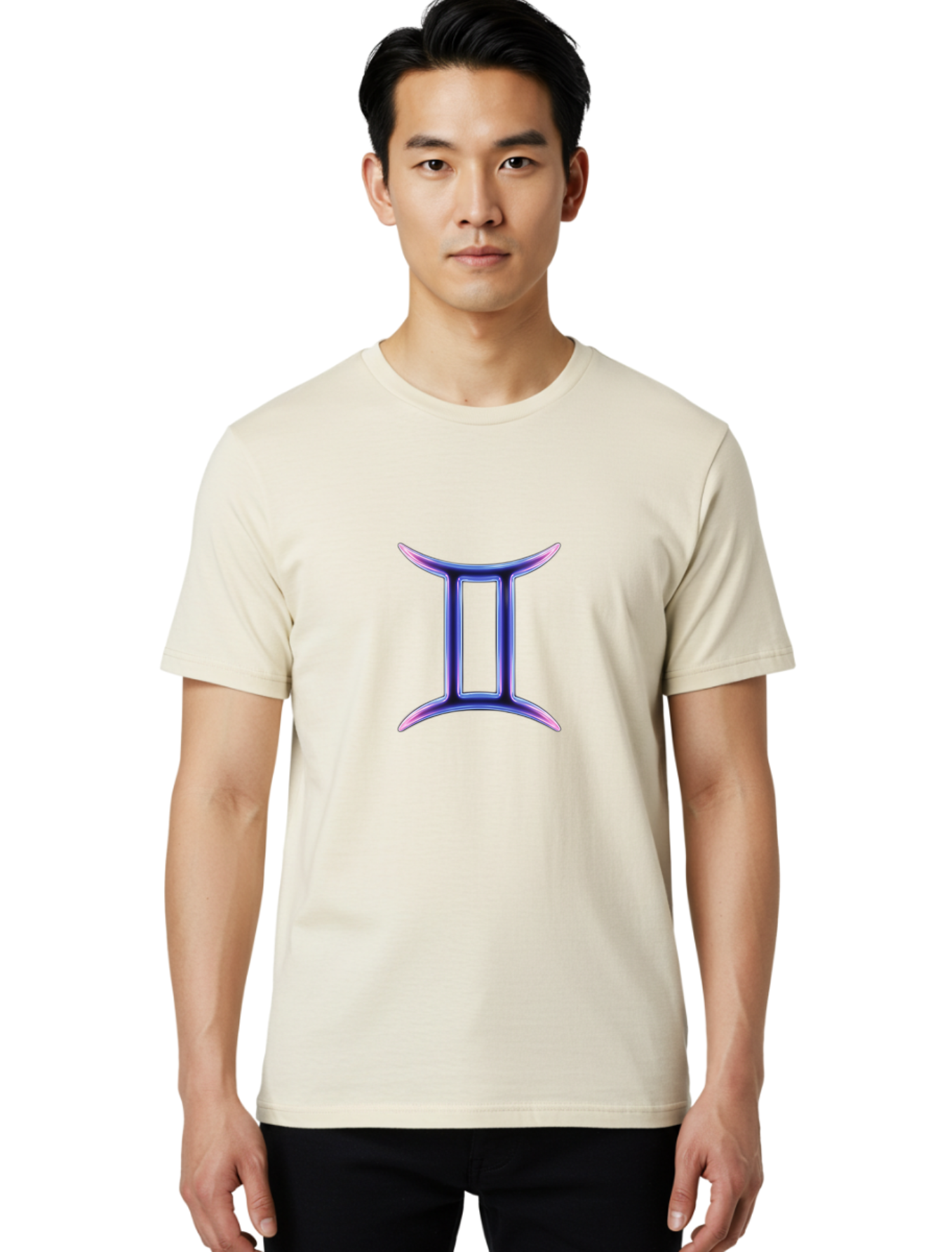 Gemini-Zodiac-Symbol Men'S Graphic Tee, 100% Cotton, Comfortable Casual Summer Wear, Machine Washable, Gemini Zodiac Sign, Astrological Symbol, Purple Gradient, Mystical Icon, Horoscope Sign, Dualistic Representation, Air Sign Bae186