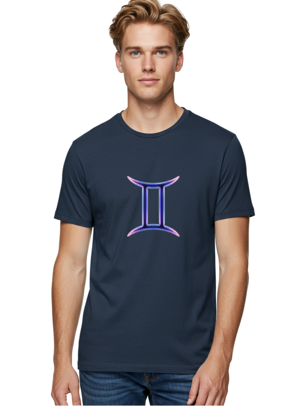 Gemini-Zodiac-Symbol Men'S Graphic Tee, 100% Cotton, Comfortable Casual Summer Wear, Machine Washable, Gemini Zodiac Sign, Astrological Symbol, Purple Gradient, Mystical Icon, Horoscope Sign, Dualistic Representation, Air Sign Bae186