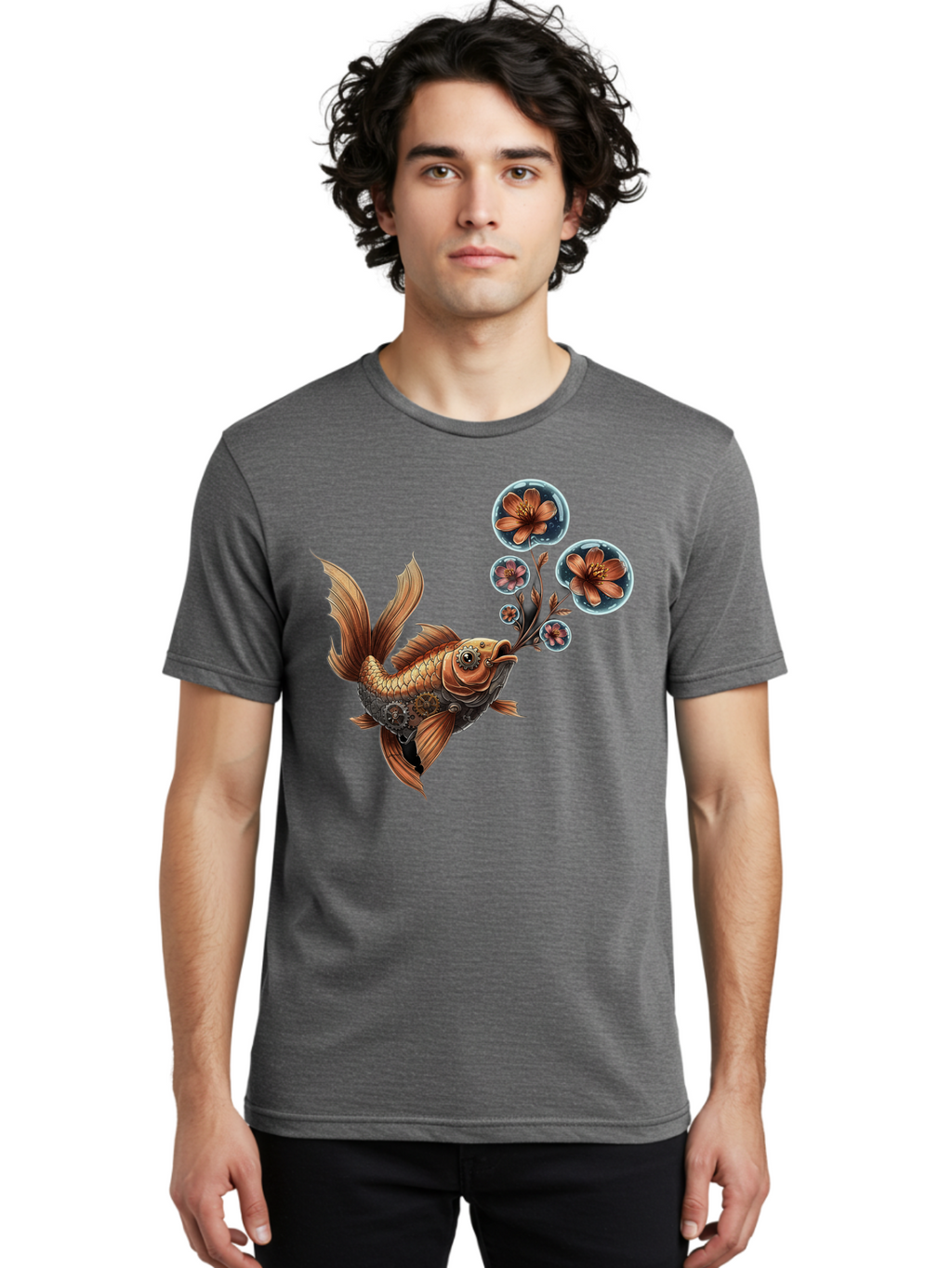 Goldfish-With-Flowers Men'S Graphic Tee, 100% Cotton, Comfortable Casual Summer Wear, Machine Washable, Koi Fish, Lotus Flowers, Bubbles, Floral Design, Fish Illustration, Orange And Gold, Water Theme, Decorative Art, Symbolic Fish, Bae189