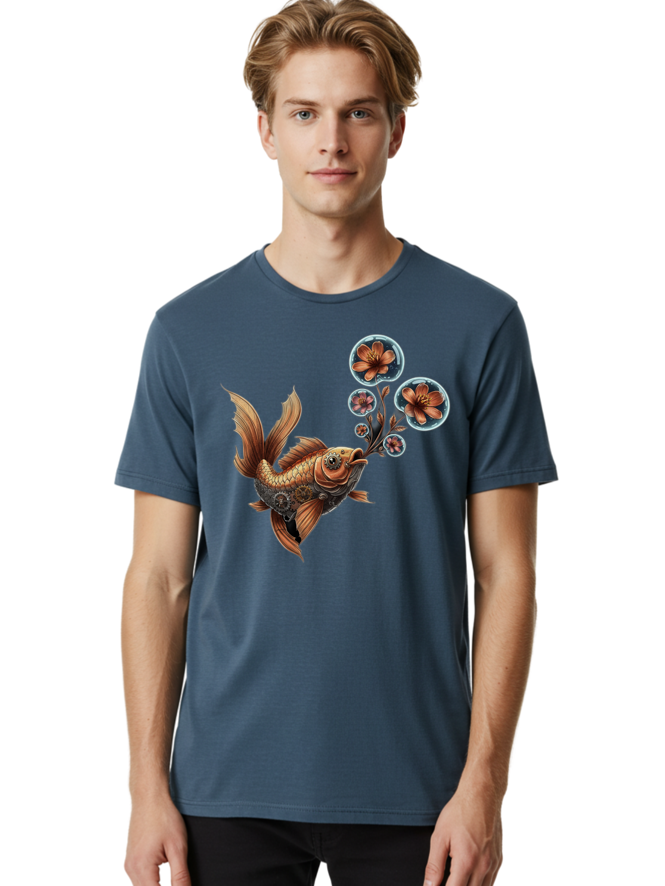 Goldfish-With-Flowers Men'S Graphic Tee, 100% Cotton, Comfortable Casual Summer Wear, Machine Washable, Koi Fish, Lotus Flowers, Bubbles, Floral Design, Fish Illustration, Orange And Gold, Water Theme, Decorative Art, Symbolic Fish, Bae189