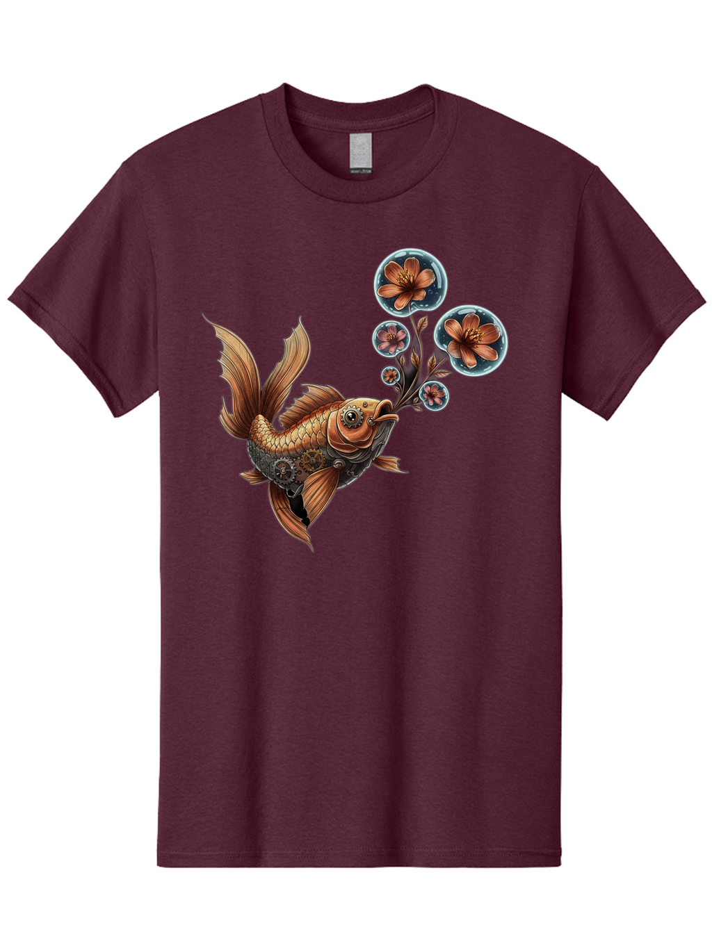 Goldfish-With-Flowers Men'S Graphic Tee, 100% Cotton, Comfortable Casual Summer Wear, Machine Washable, Koi Fish, Lotus Flowers, Bubbles, Floral Design, Fish Illustration, Orange And Gold, Water Theme, Decorative Art, Symbolic Fish, Bae189