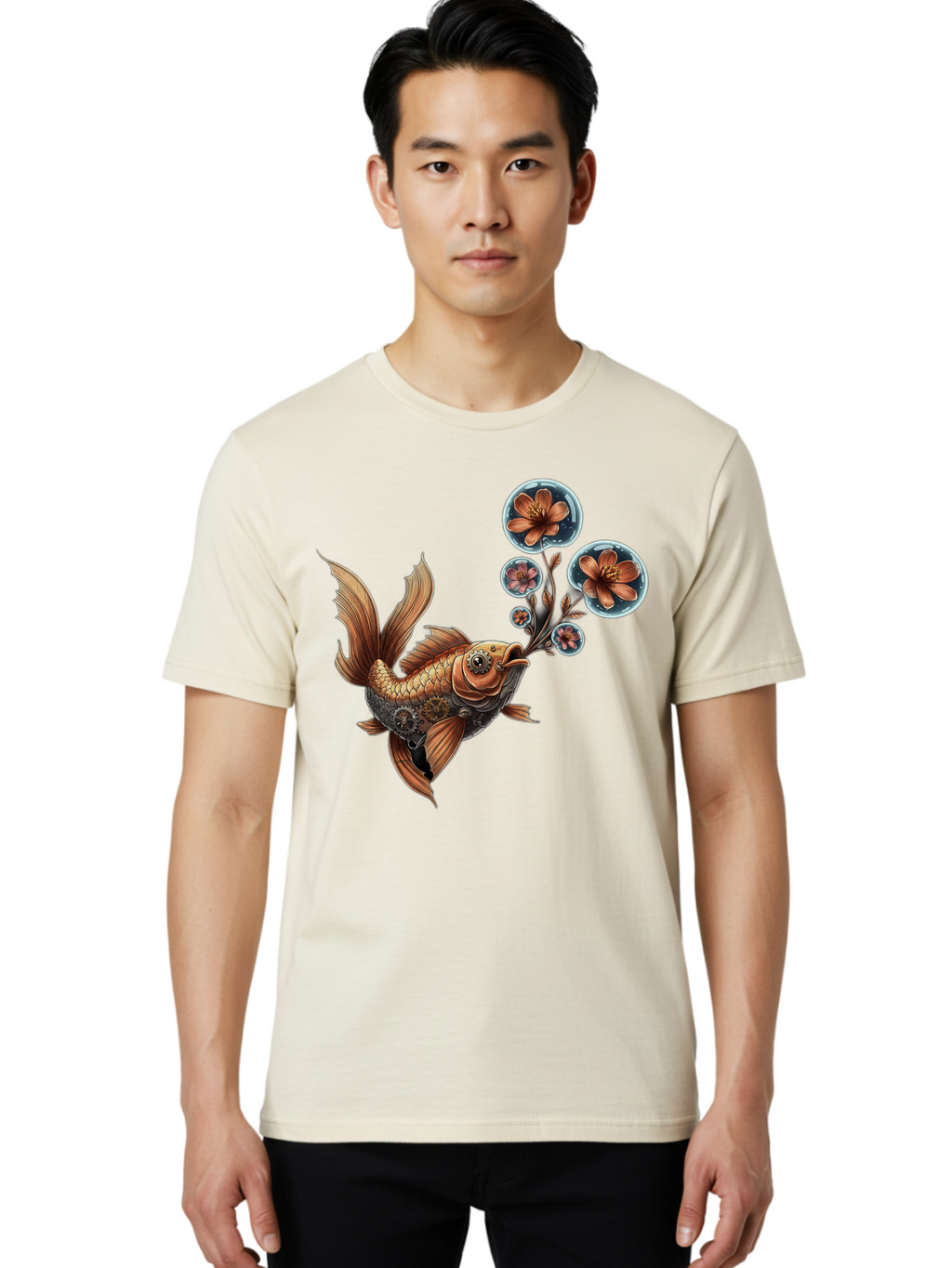 Goldfish-With-Flowers Men'S Graphic Tee, 100% Cotton, Comfortable Casual Summer Wear, Machine Washable, Koi Fish, Lotus Flowers, Bubbles, Floral Design, Fish Illustration, Orange And Gold, Water Theme, Decorative Art, Symbolic Fish, Bae189