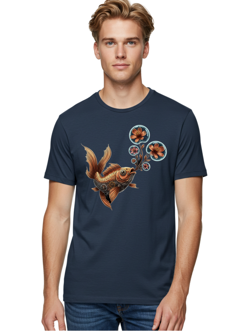 Goldfish-With-Flowers Men'S Graphic Tee, 100% Cotton, Comfortable Casual Summer Wear, Machine Washable, Koi Fish, Lotus Flowers, Bubbles, Floral Design, Fish Illustration, Orange And Gold, Water Theme, Decorative Art, Symbolic Fish, Bae189