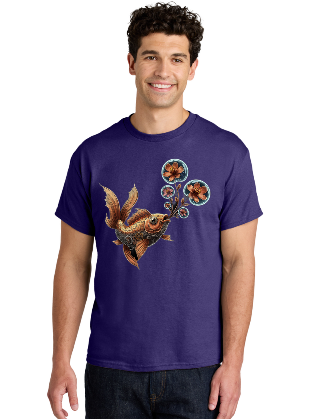 Goldfish-With-Flowers Men'S Graphic Tee, 100% Cotton, Comfortable Casual Summer Wear, Machine Washable, Koi Fish, Lotus Flowers, Bubbles, Floral Design, Fish Illustration, Orange And Gold, Water Theme, Decorative Art, Symbolic Fish, Bae189