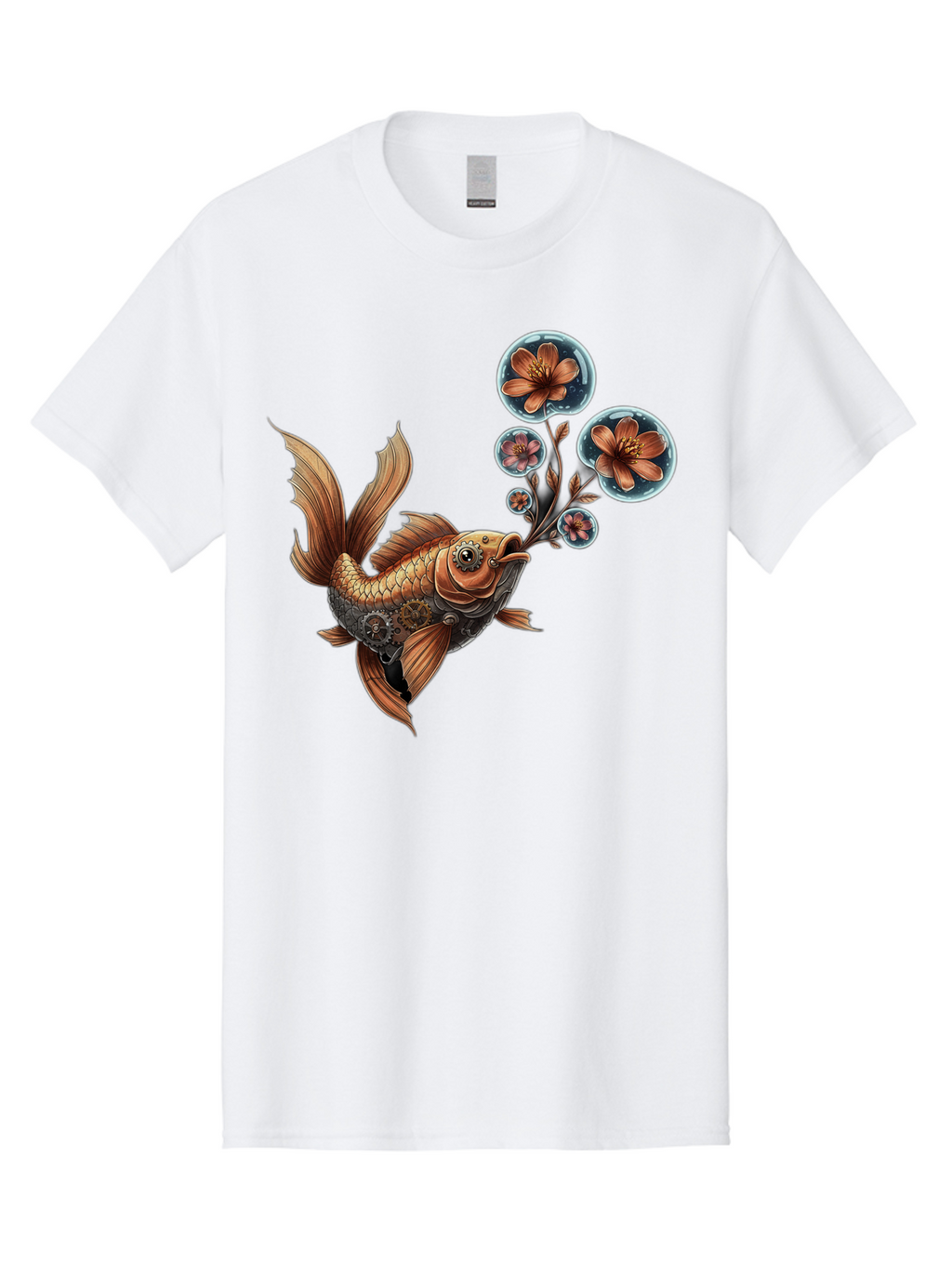 Goldfish-With-Flowers Men'S Graphic Tee, 100% Cotton, Comfortable Casual Summer Wear, Machine Washable, Koi Fish, Lotus Flowers, Bubbles, Floral Design, Fish Illustration, Orange And Gold, Water Theme, Decorative Art, Symbolic Fish, Bae189