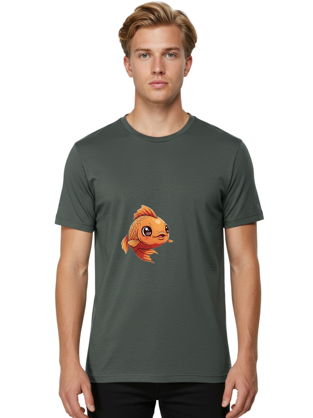 Goldfish Men'S Graphic Tee, 100% Cotton, Comfortable Casual Summer Wear, Machine Washable, Cartoon Goldfish, Orange Fish, Kawaii Character, Adorable Face, Cute Illustration, Whimsical Design, Playful Expression, Digital Art, Animated Character Bae190