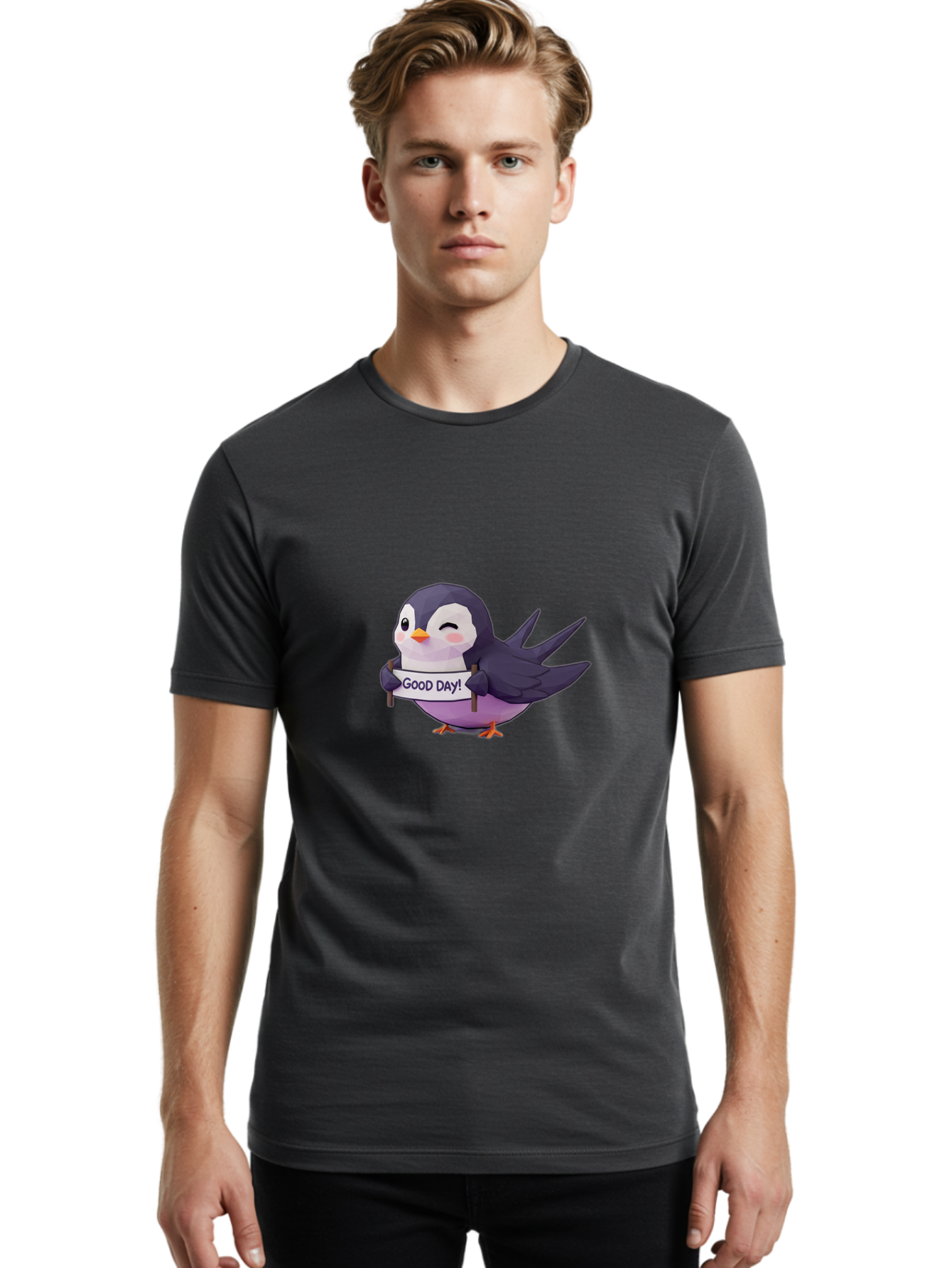 Good-Day-Bird Men'S Graphic Tee, 100% Cotton, Comfortable Casual Summer Wear, Machine Washable, Cartoon Bird, Good Day Sign, Kawaii Animal, Cute Illustration, Purple Bird, Winking Bird, Positive Vibes, Morning Motivation, Funny Graphics, Bae191