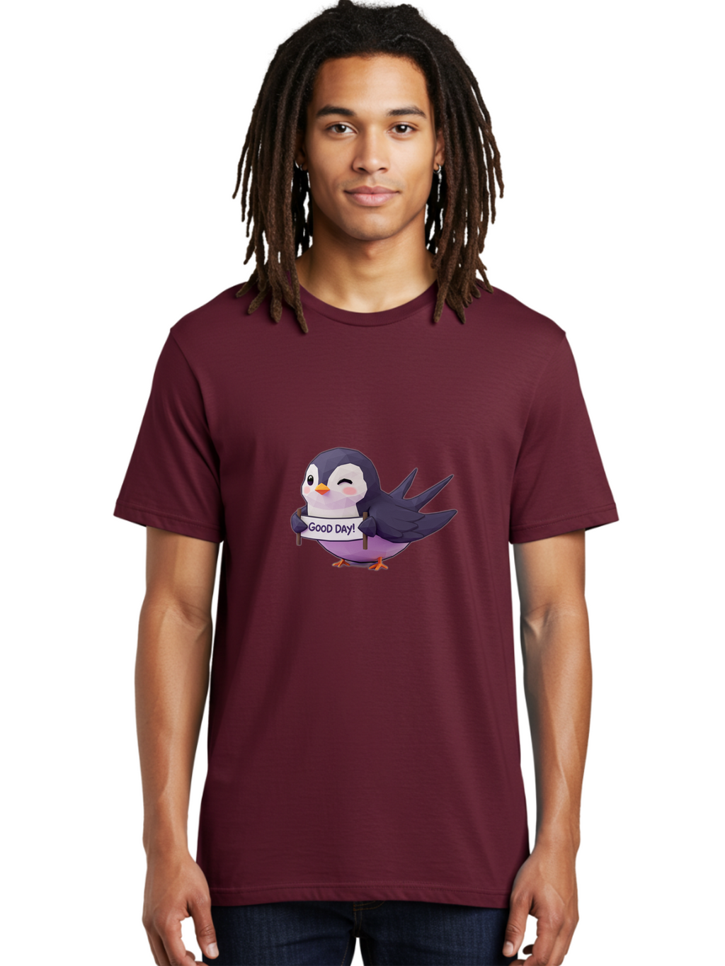 Good-Day-Bird Men'S Graphic Tee, 100% Cotton, Comfortable Casual Summer Wear, Machine Washable, Cartoon Bird, Good Day Sign, Kawaii Animal, Cute Illustration, Purple Bird, Winking Bird, Positive Vibes, Morning Motivation, Funny Graphics, Bae191