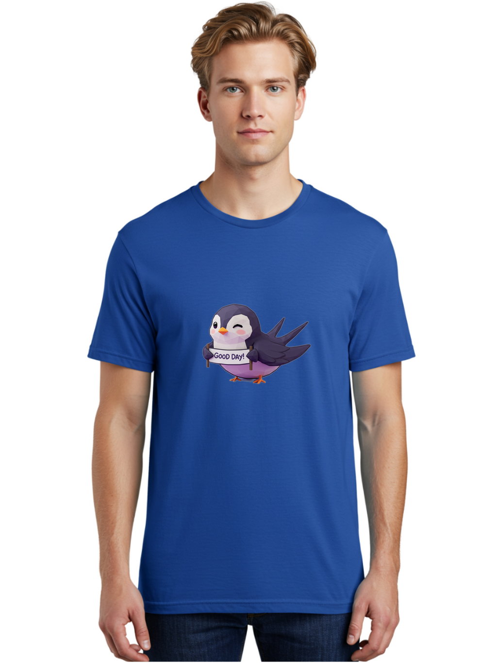 Good-Day-Bird Men'S Graphic Tee, 100% Cotton, Comfortable Casual Summer Wear, Machine Washable, Cartoon Bird, Good Day Sign, Kawaii Animal, Cute Illustration, Purple Bird, Winking Bird, Positive Vibes, Morning Motivation, Funny Graphics, Bae191