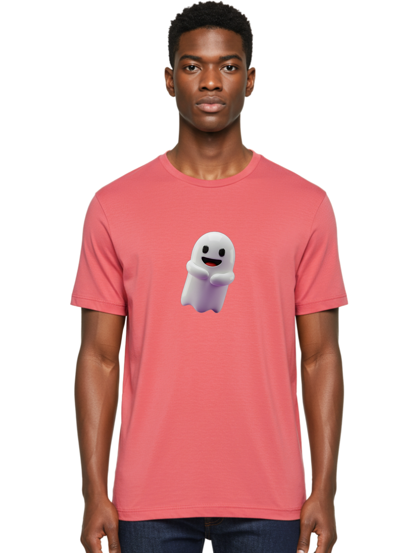Happy-Ghost Men'S Graphic Tee, 100% Cotton, Comfortable Casual Summer Wear, Machine Washable, Cartoon Ghost, Friendly Spirit, Smiling Face, Cute Character, 3D Illustration, White Ghost, Halloween Theme, Digital Art, Cheerful Design Bae194