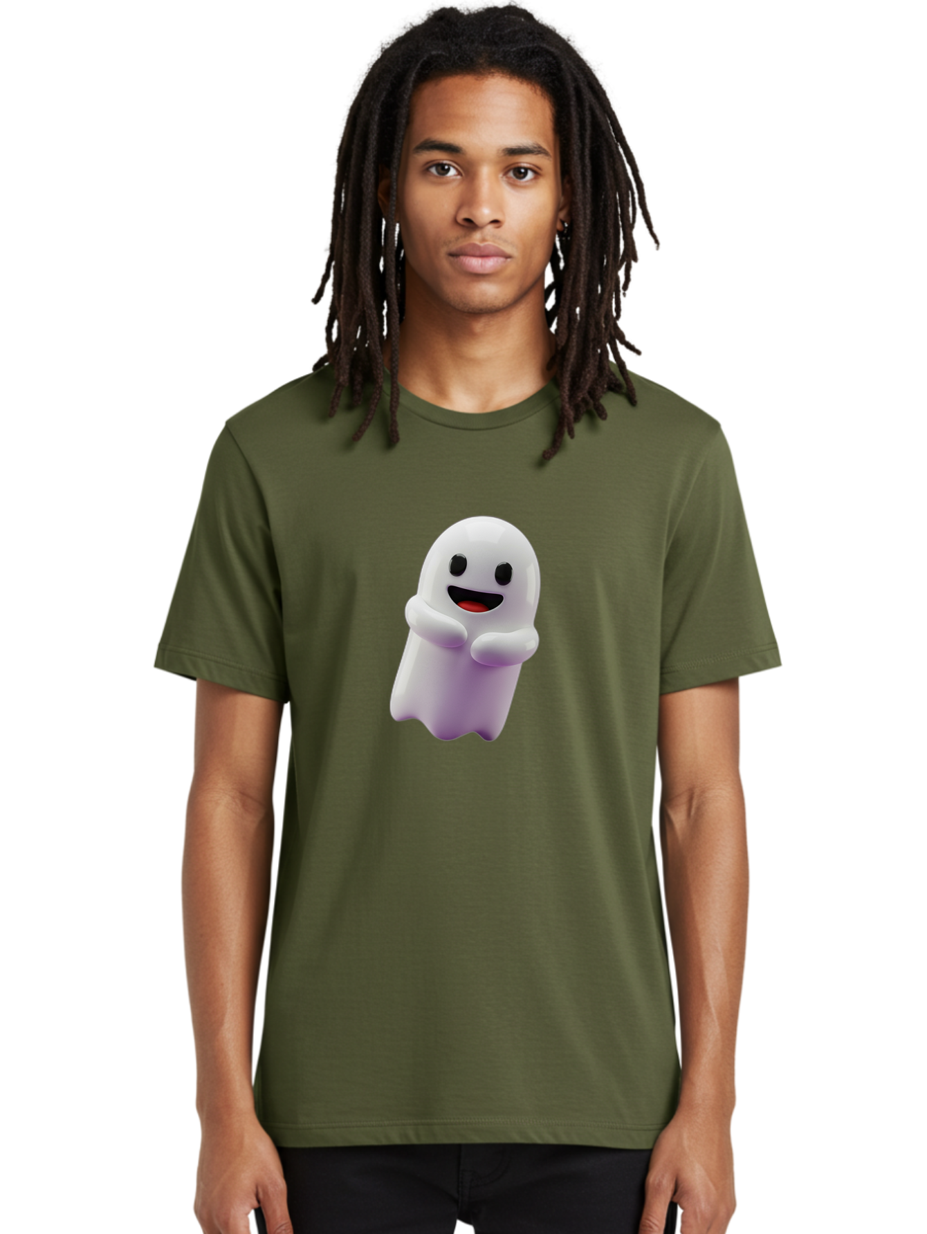 Happy-Ghost Men'S Graphic Tee, 100% Cotton, Comfortable Casual Summer Wear, Machine Washable, Cartoon Ghost, Friendly Spirit, Smiling Face, Cute Character, 3D Illustration, White Ghost, Halloween Theme, Digital Art, Cheerful Design Bae194