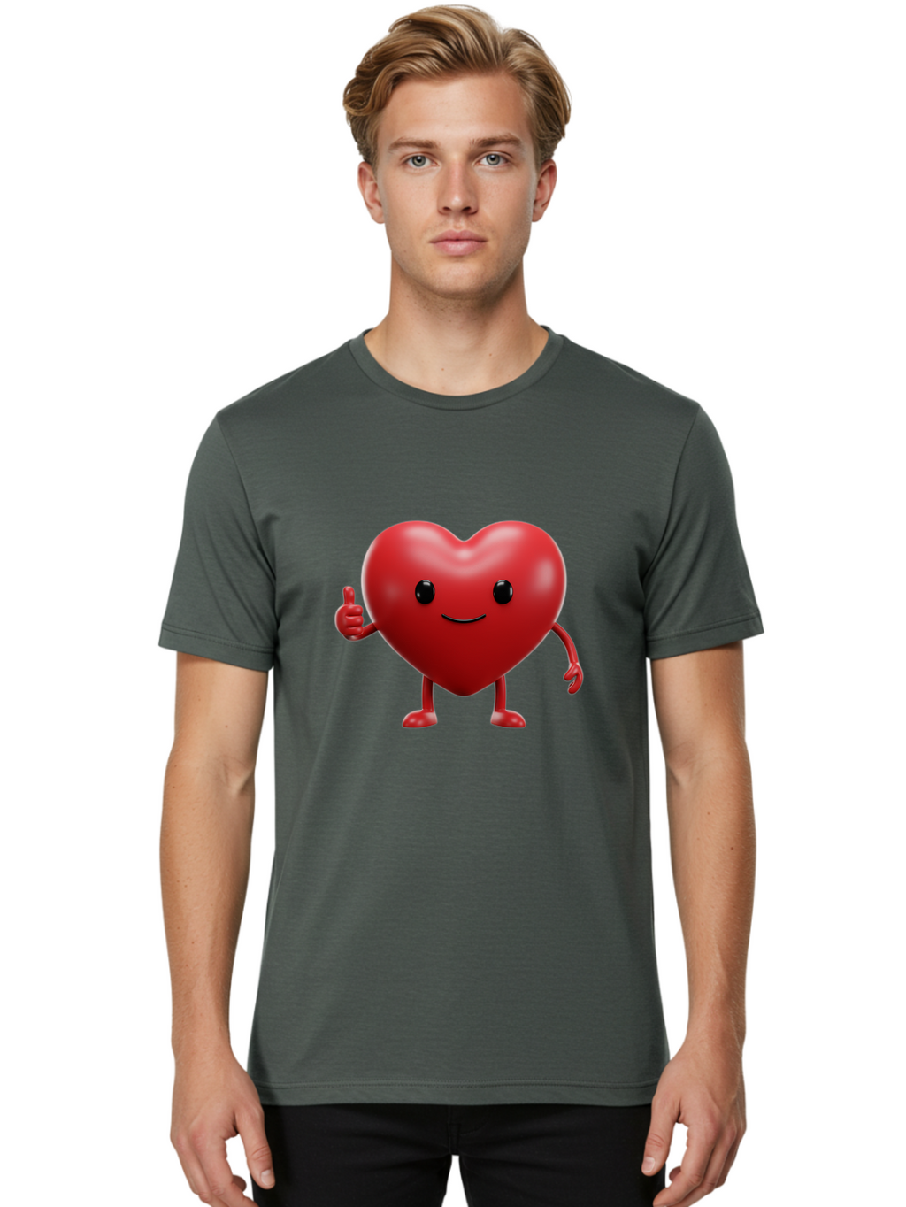Happy-Heart Men'S Graphic Tee, 100% Cotton, Comfortable Casual Summer Wear, Machine Washable, Red Heart Character, Smiling Face, Thumbs Up, Cartoon Style, Heart Icon, Positive Attitude, Friendly Gesture, Love Symbol, Cute Design Bae195