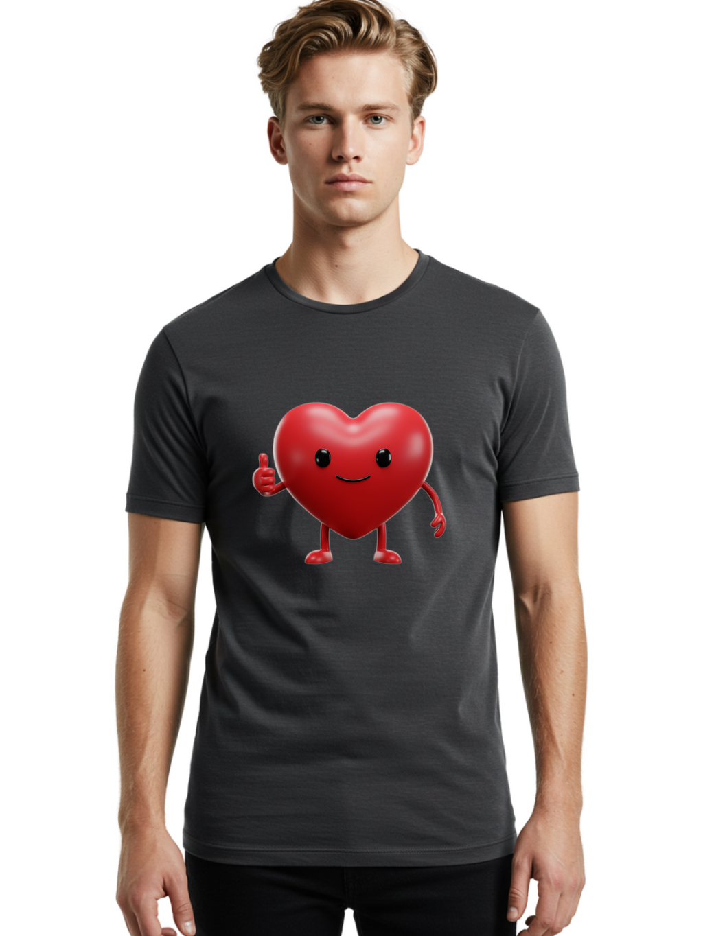 Happy-Heart Men'S Graphic Tee, 100% Cotton, Comfortable Casual Summer Wear, Machine Washable, Red Heart Character, Smiling Face, Thumbs Up, Cartoon Style, Heart Icon, Positive Attitude, Friendly Gesture, Love Symbol, Cute Design Bae195