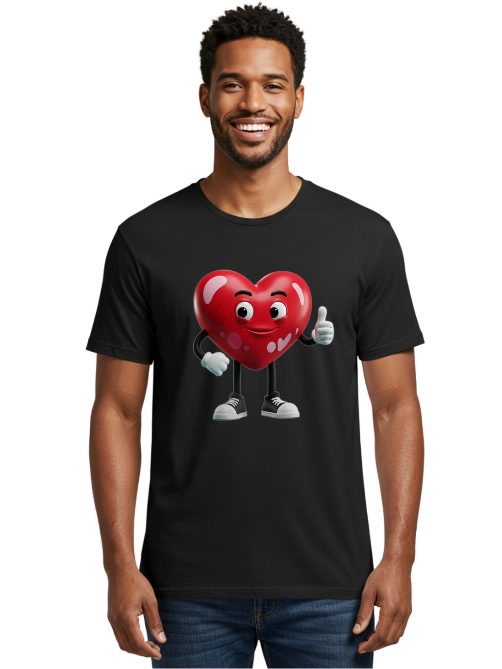 Heart-Character Men'S Graphic Tee, 100% Cotton, Comfortable Casual Summer Wear, Machine Washable, Cartoon Heart, Red Heart, Smiling Face, Thumbs Up, Approval, Positivity, Love, Happiness, Friendship, Gesture Of Approval, Cartoon Character Bae197