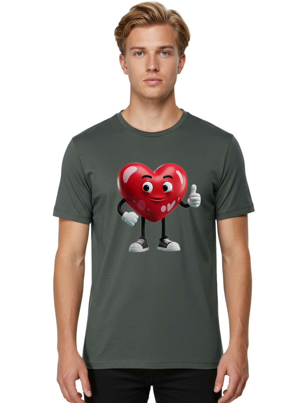 Heart-Character Men'S Graphic Tee, 100% Cotton, Comfortable Casual Summer Wear, Machine Washable, Cartoon Heart, Red Heart, Smiling Face, Thumbs Up, Approval, Positivity, Love, Happiness, Friendship, Gesture Of Approval, Cartoon Character Bae197
