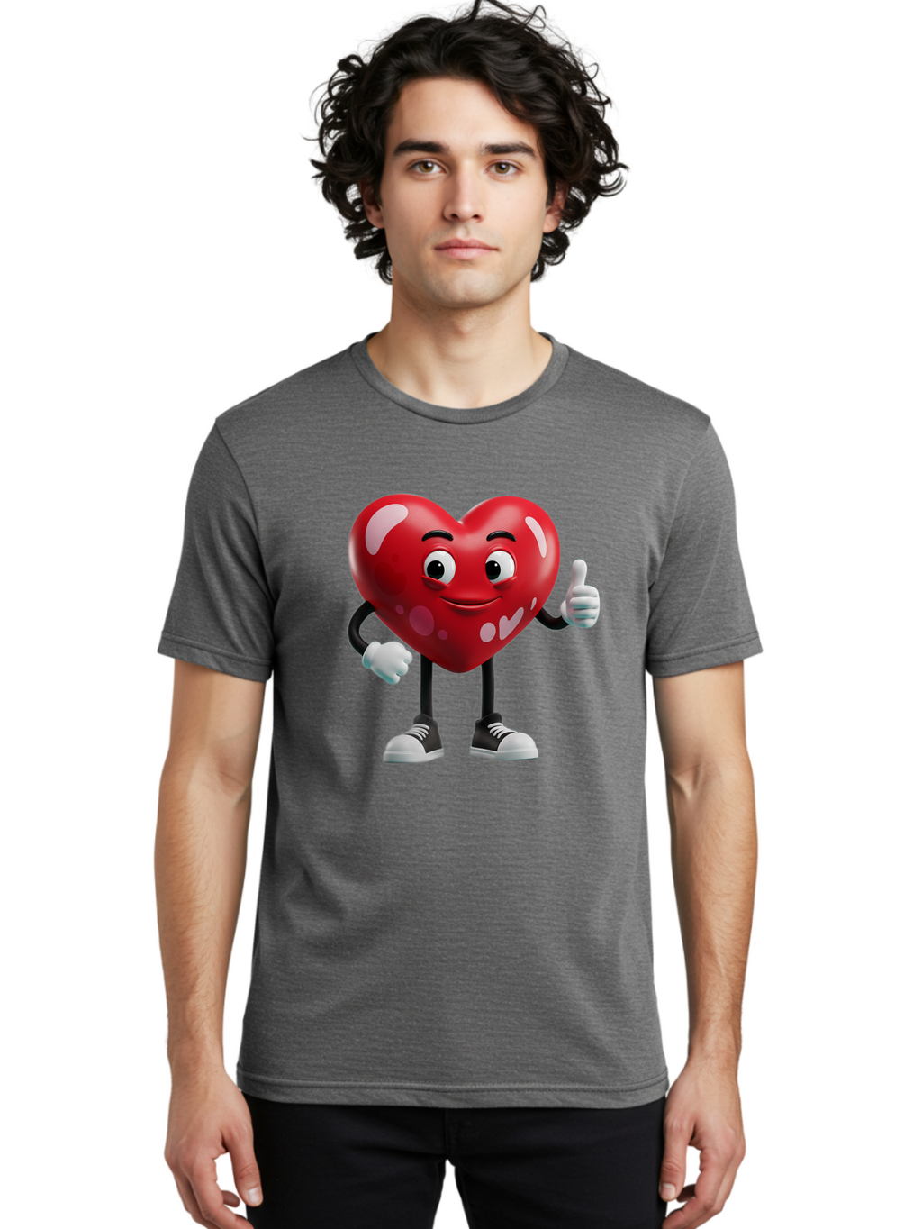 Heart-Character Men'S Graphic Tee, 100% Cotton, Comfortable Casual Summer Wear, Machine Washable, Cartoon Heart, Red Heart, Smiling Face, Thumbs Up, Approval, Positivity, Love, Happiness, Friendship, Gesture Of Approval, Cartoon Character Bae197