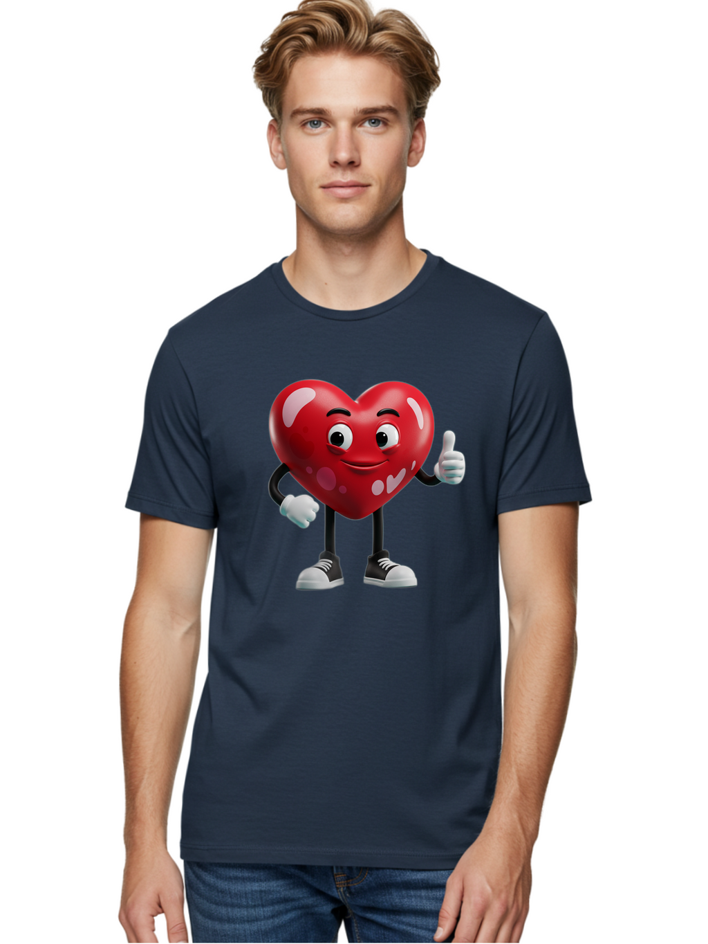 Heart-Character Men'S Graphic Tee, 100% Cotton, Comfortable Casual Summer Wear, Machine Washable, Cartoon Heart, Red Heart, Smiling Face, Thumbs Up, Approval, Positivity, Love, Happiness, Friendship, Gesture Of Approval, Cartoon Character Bae197