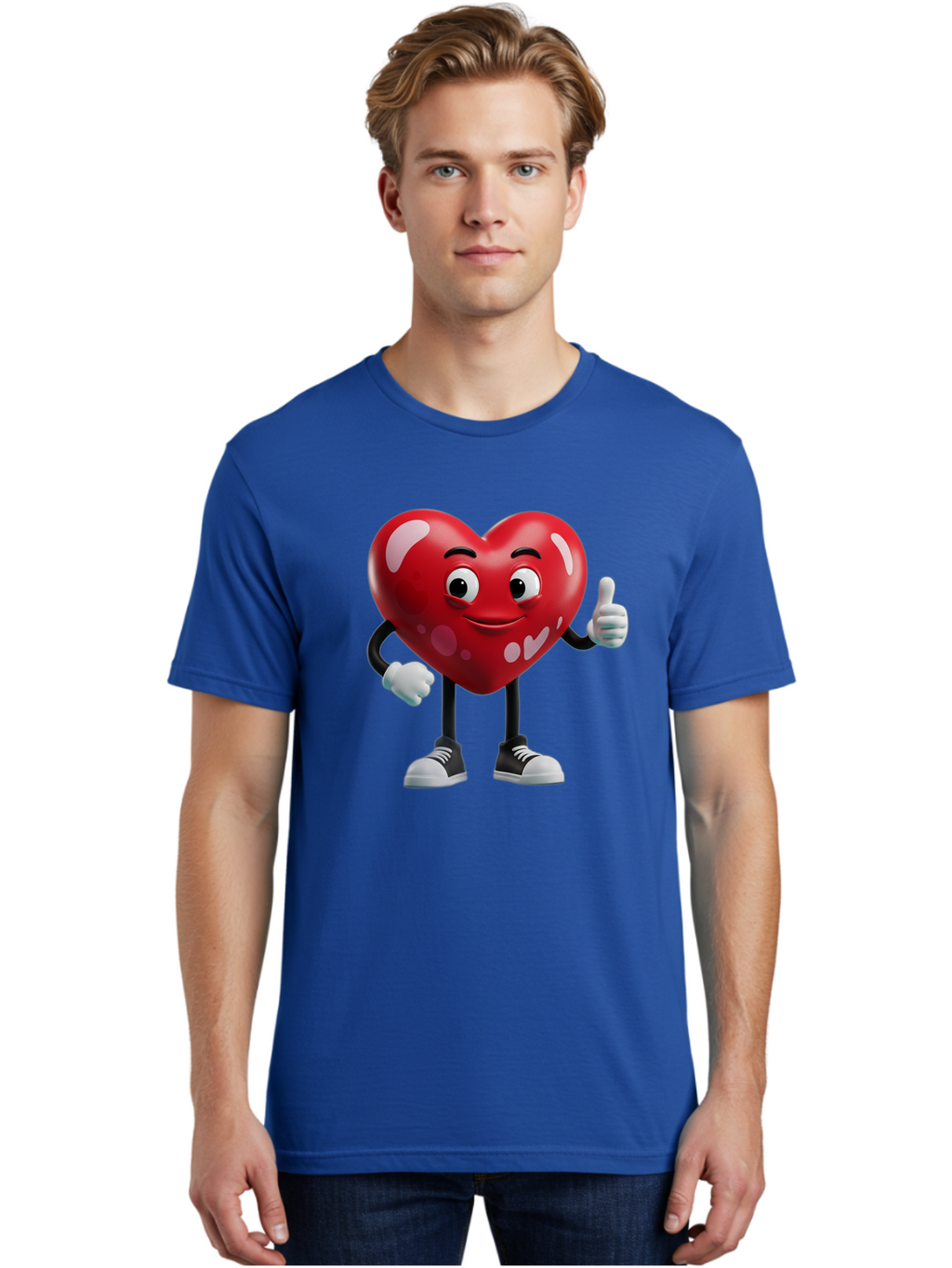 Heart-Character Men'S Graphic Tee, 100% Cotton, Comfortable Casual Summer Wear, Machine Washable, Cartoon Heart, Red Heart, Smiling Face, Thumbs Up, Approval, Positivity, Love, Happiness, Friendship, Gesture Of Approval, Cartoon Character Bae197