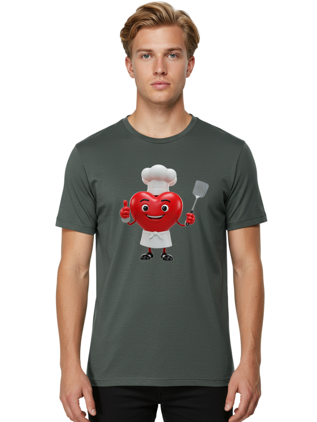 Heart-Chef Men'S Graphic Tee, 100% Cotton, Comfortable Casual Summer Wear, Machine Washable, Heart-Shaped Chef Mascot, Cooking With Love, Chef Hat, White Apron, Thumbs Up, Approval, Kitchen Tool, Culinary Delight, Cartoon Character, Bae198