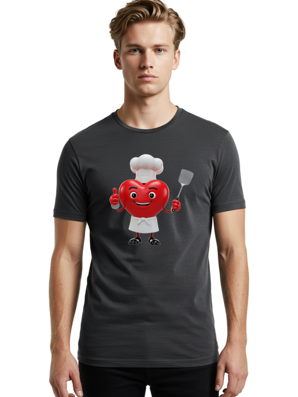 Heart-Chef Men'S Graphic Tee, 100% Cotton, Comfortable Casual Summer Wear, Machine Washable, Heart-Shaped Chef Mascot, Cooking With Love, Chef Hat, White Apron, Thumbs Up, Approval, Kitchen Tool, Culinary Delight, Cartoon Character, Bae198