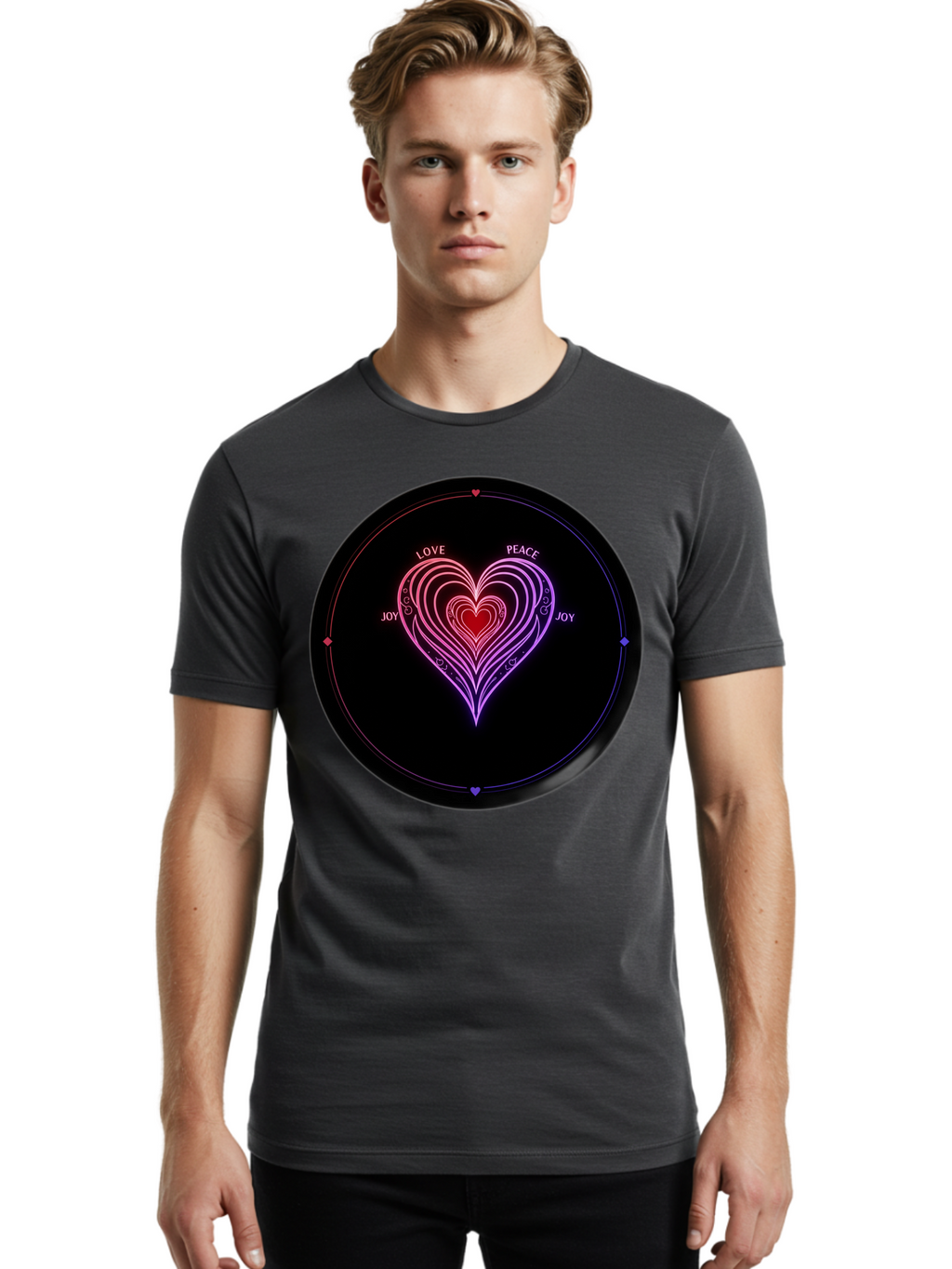 Heart-Of-Love Men'S Graphic Tee, 100% Cotton, Comfortable Casual Summer Wear, Machine Washable, Heart Symbol, Love Peace Joy, Neon Lights, Layered Hearts, Gradient Colors, Circular Design, Emotional Wellness, Positive Vibes, Bae199