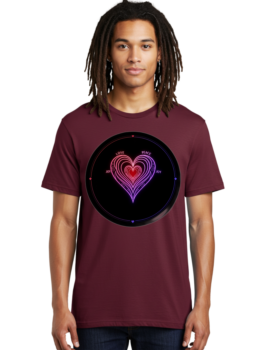 Heart-Of-Love Men'S Graphic Tee, 100% Cotton, Comfortable Casual Summer Wear, Machine Washable, Heart Symbol, Love Peace Joy, Neon Lights, Layered Hearts, Gradient Colors, Circular Design, Emotional Wellness, Positive Vibes, Bae199