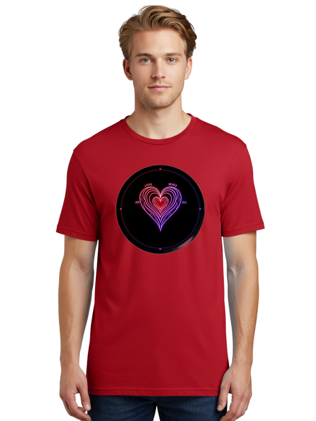 Heart-Of-Love Men'S Graphic Tee, 100% Cotton, Comfortable Casual Summer Wear, Machine Washable, Heart Symbol, Love Peace Joy, Neon Lights, Layered Hearts, Gradient Colors, Circular Design, Emotional Wellness, Positive Vibes, Bae199