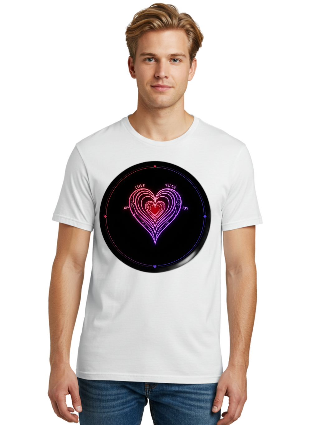 Heart-Of-Love Men'S Graphic Tee, 100% Cotton, Comfortable Casual Summer Wear, Machine Washable, Heart Symbol, Love Peace Joy, Neon Lights, Layered Hearts, Gradient Colors, Circular Design, Emotional Wellness, Positive Vibes, Bae199