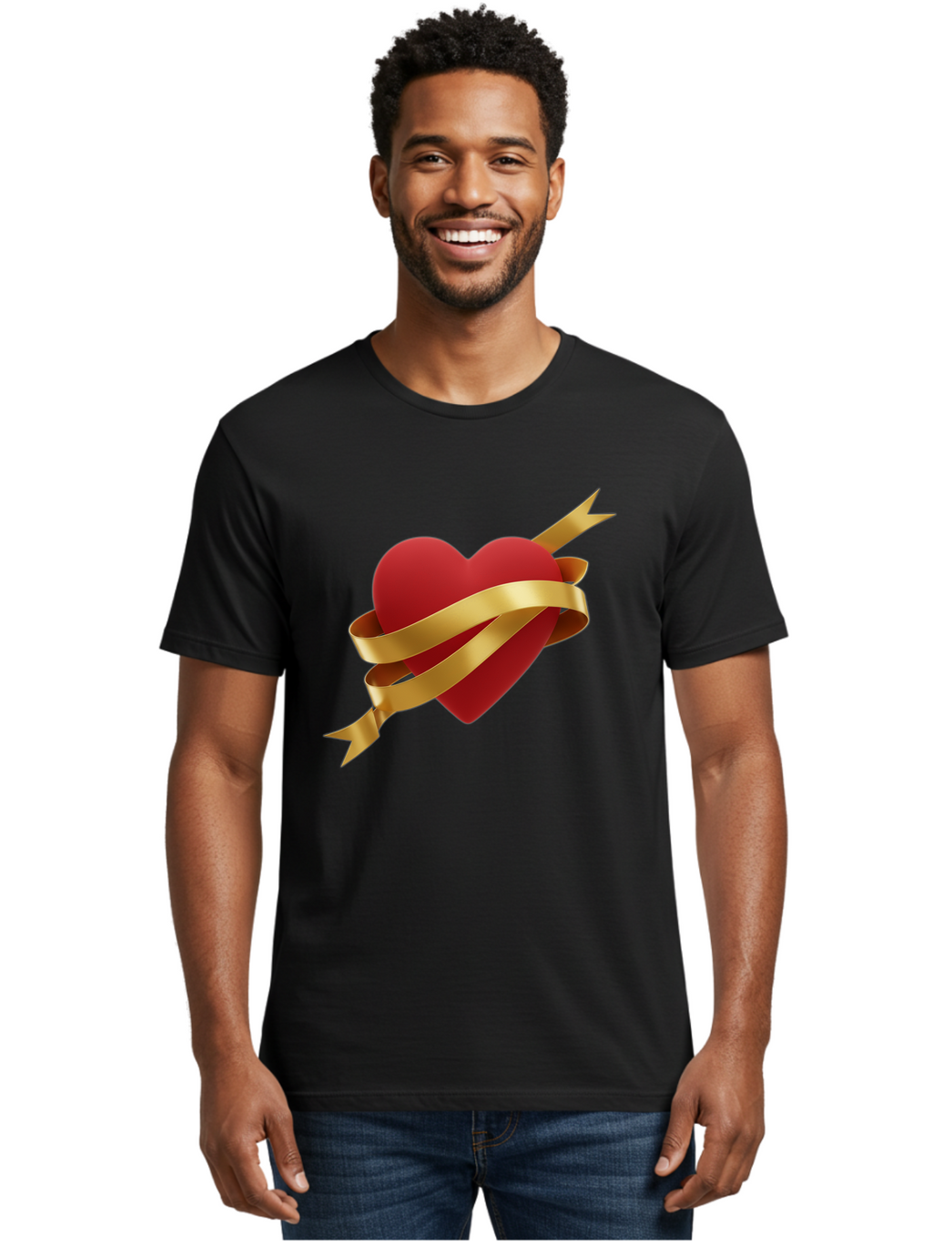 Heart-With-Ribbon-And-Arrow Men'S Graphic Tee, 100% Cotton, Comfortable Casual Summer Wear, Machine Washable, Red Heart, Gold Ribbon, Arrow Through Heart, Love Symbol, Valentines Day, Symbol Of Love, Heart With Ribbon Bae200