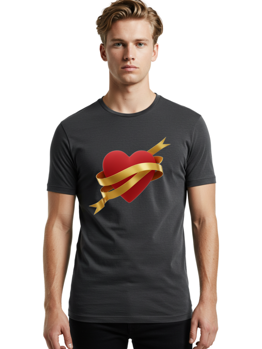 Heart-With-Ribbon-And-Arrow Men'S Graphic Tee, 100% Cotton, Comfortable Casual Summer Wear, Machine Washable, Red Heart, Gold Ribbon, Arrow Through Heart, Love Symbol, Valentines Day, Symbol Of Love, Heart With Ribbon Bae200