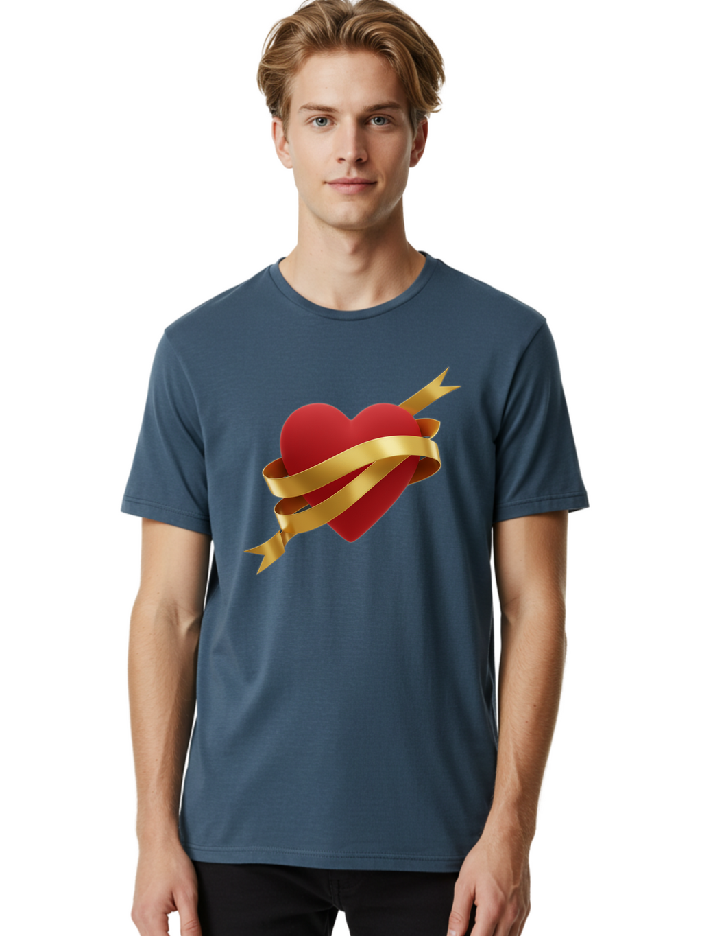 Heart-With-Ribbon-And-Arrow Men'S Graphic Tee, 100% Cotton, Comfortable Casual Summer Wear, Machine Washable, Red Heart, Gold Ribbon, Arrow Through Heart, Love Symbol, Valentines Day, Symbol Of Love, Heart With Ribbon Bae200