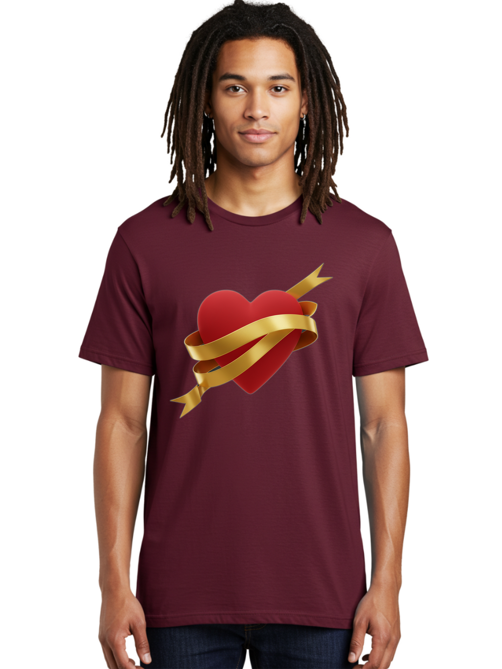 Heart-With-Ribbon-And-Arrow Men'S Graphic Tee, 100% Cotton, Comfortable Casual Summer Wear, Machine Washable, Red Heart, Gold Ribbon, Arrow Through Heart, Love Symbol, Valentines Day, Symbol Of Love, Heart With Ribbon Bae200