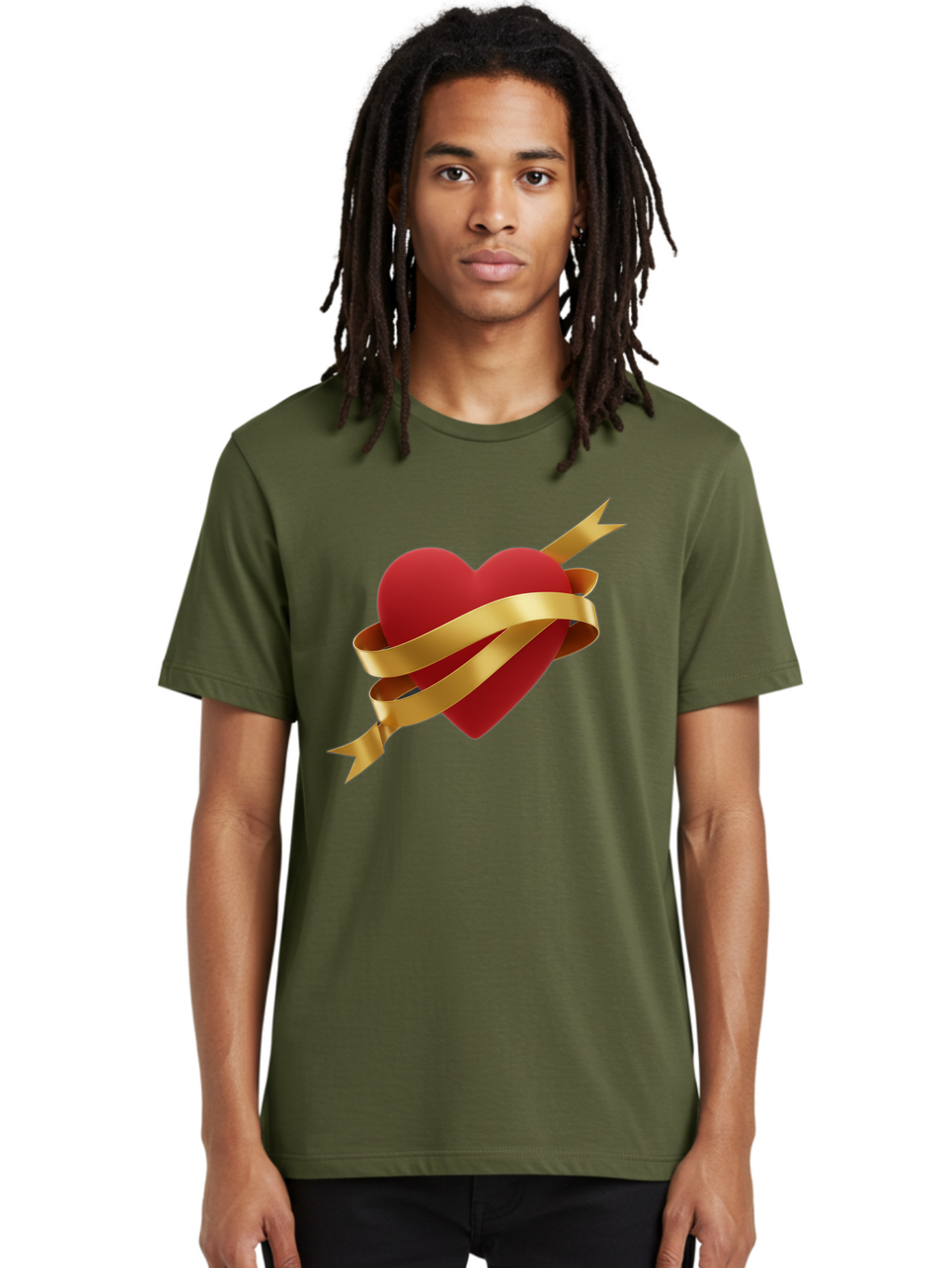 Heart-With-Ribbon-And-Arrow Men'S Graphic Tee, 100% Cotton, Comfortable Casual Summer Wear, Machine Washable, Red Heart, Gold Ribbon, Arrow Through Heart, Love Symbol, Valentines Day, Symbol Of Love, Heart With Ribbon Bae200