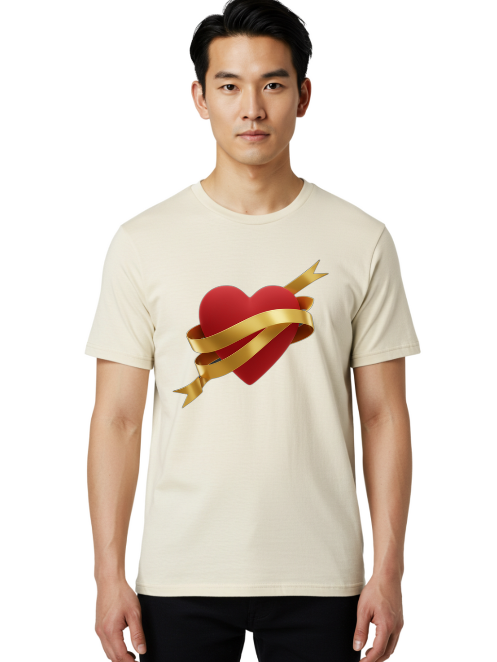 Heart-With-Ribbon-And-Arrow Men'S Graphic Tee, 100% Cotton, Comfortable Casual Summer Wear, Machine Washable, Red Heart, Gold Ribbon, Arrow Through Heart, Love Symbol, Valentines Day, Symbol Of Love, Heart With Ribbon Bae200