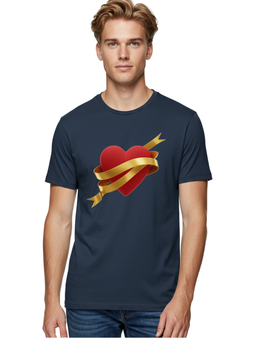 Heart-With-Ribbon-And-Arrow Men'S Graphic Tee, 100% Cotton, Comfortable Casual Summer Wear, Machine Washable, Red Heart, Gold Ribbon, Arrow Through Heart, Love Symbol, Valentines Day, Symbol Of Love, Heart With Ribbon Bae200