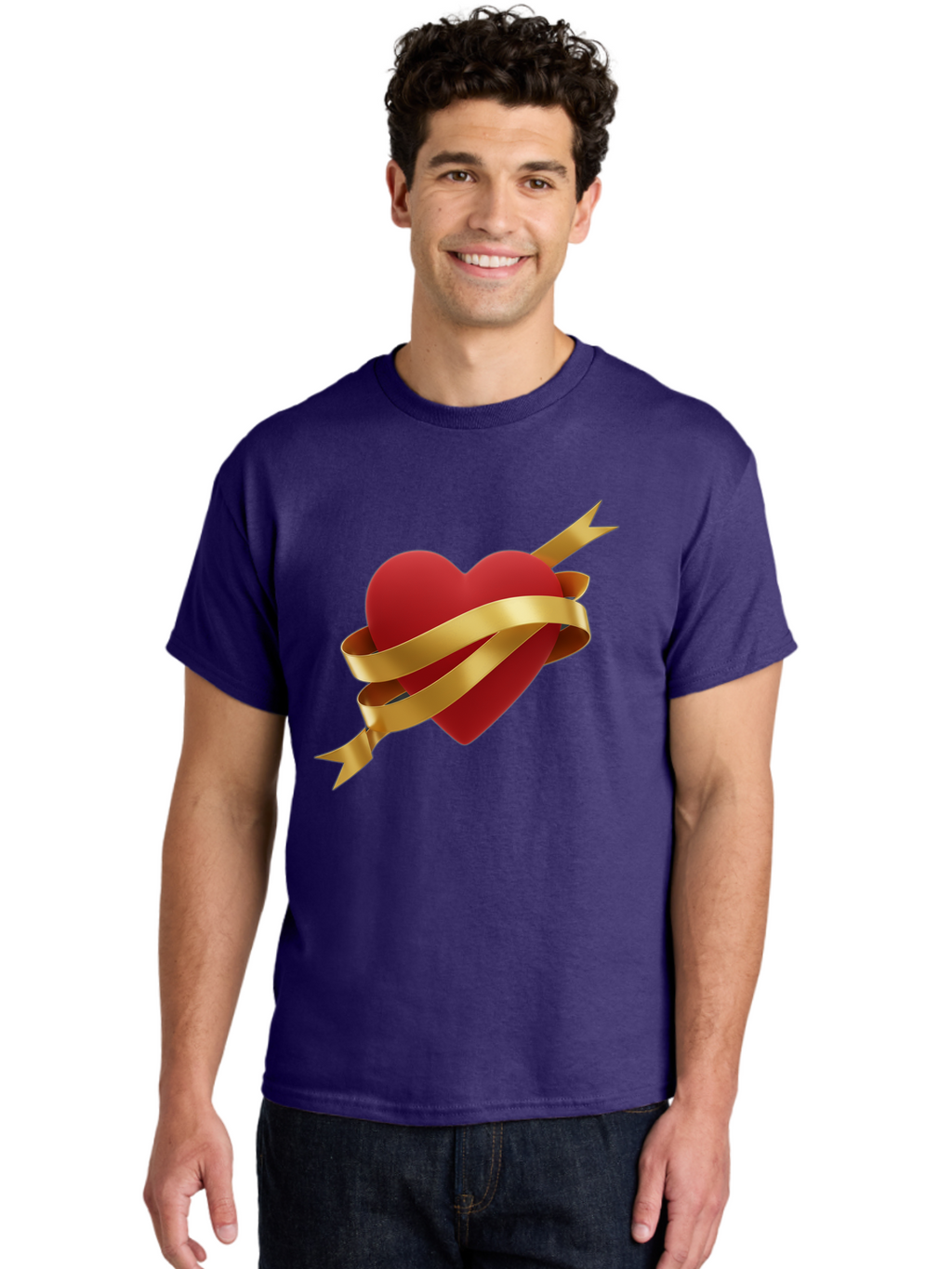 Heart-With-Ribbon-And-Arrow Men'S Graphic Tee, 100% Cotton, Comfortable Casual Summer Wear, Machine Washable, Red Heart, Gold Ribbon, Arrow Through Heart, Love Symbol, Valentines Day, Symbol Of Love, Heart With Ribbon Bae200
