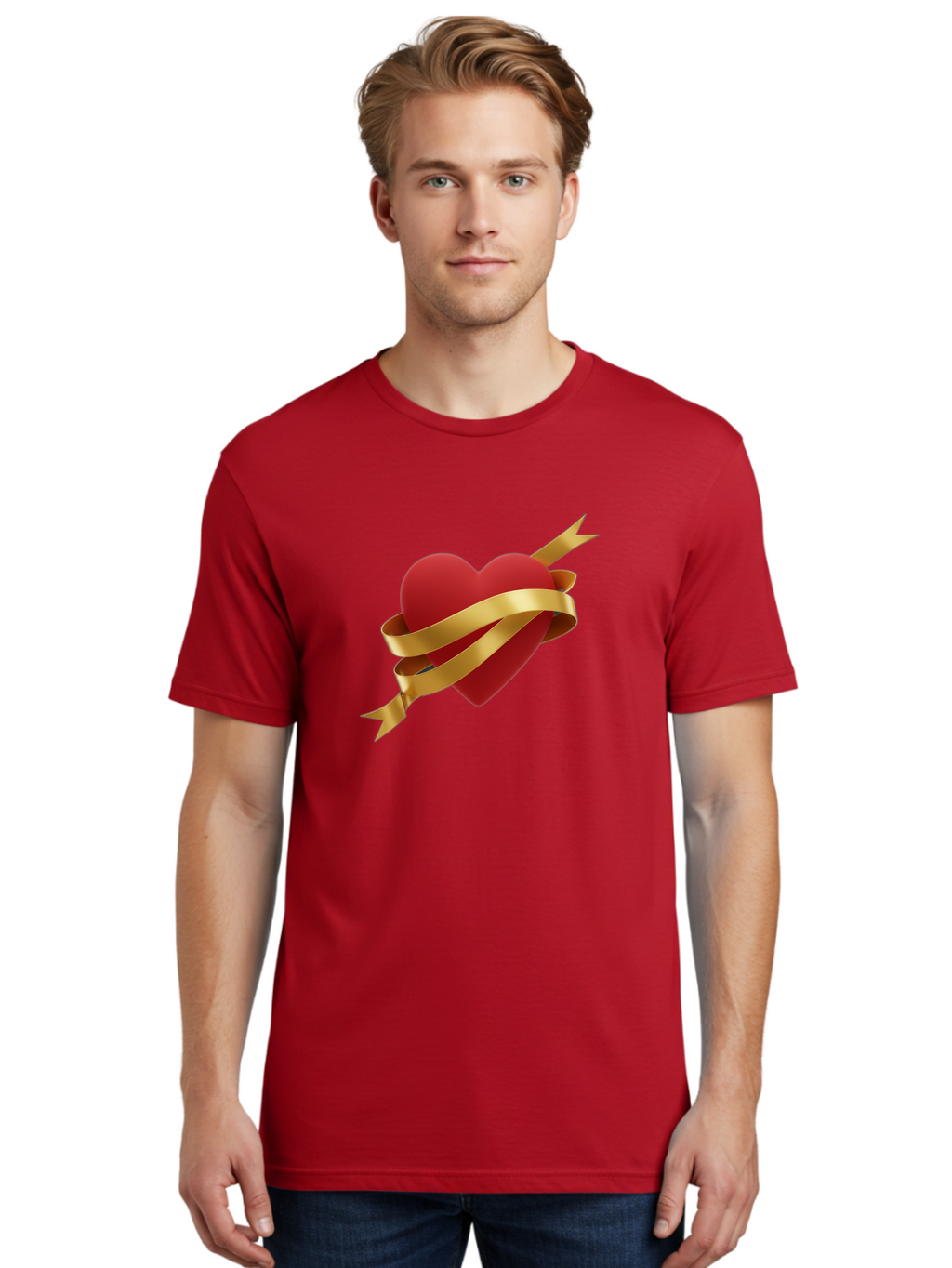 Heart-With-Ribbon-And-Arrow Men'S Graphic Tee, 100% Cotton, Comfortable Casual Summer Wear, Machine Washable, Red Heart, Gold Ribbon, Arrow Through Heart, Love Symbol, Valentines Day, Symbol Of Love, Heart With Ribbon Bae200