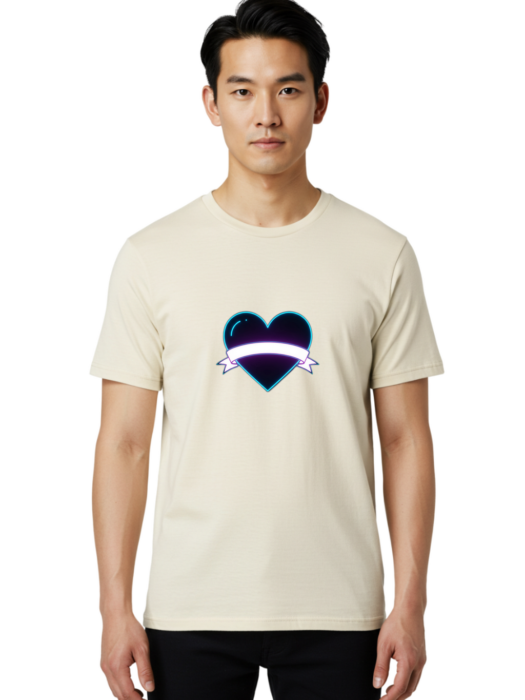 Heart-With-Ribbon Men'S Graphic Tee, 100% Cotton, Comfortable Casual Summer Wear, Machine Washable, Black Heart, White Ribbon, Love Symbol, Heart Icon, Graphic Design Element, Purple Sheen, Shiny Heart, Valentine Symbol Bae201