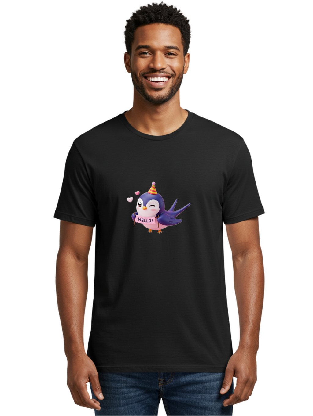 Hello-Bird Men'S Graphic Tee, 100% Cotton, Comfortable Casual Summer Wear, Machine Washable, Cartoon Bird, Party Hat, Hello Sign, Cute Animal, Friendly Greeting, Pink Hearts, Whimsical Design, Digital Illustration, Colorful Character Bae203