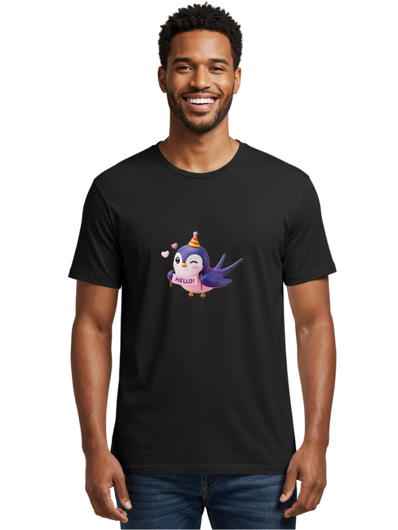 Hello-Bird Men'S Graphic Tee, 100% Cotton, Comfortable Casual Summer Wear, Machine Washable, Cartoon Bird, Party Hat, Hello Sign, Cute Animal, Friendly Greeting, Pink Hearts, Whimsical Design, Digital Illustration, Colorful Character Bae203