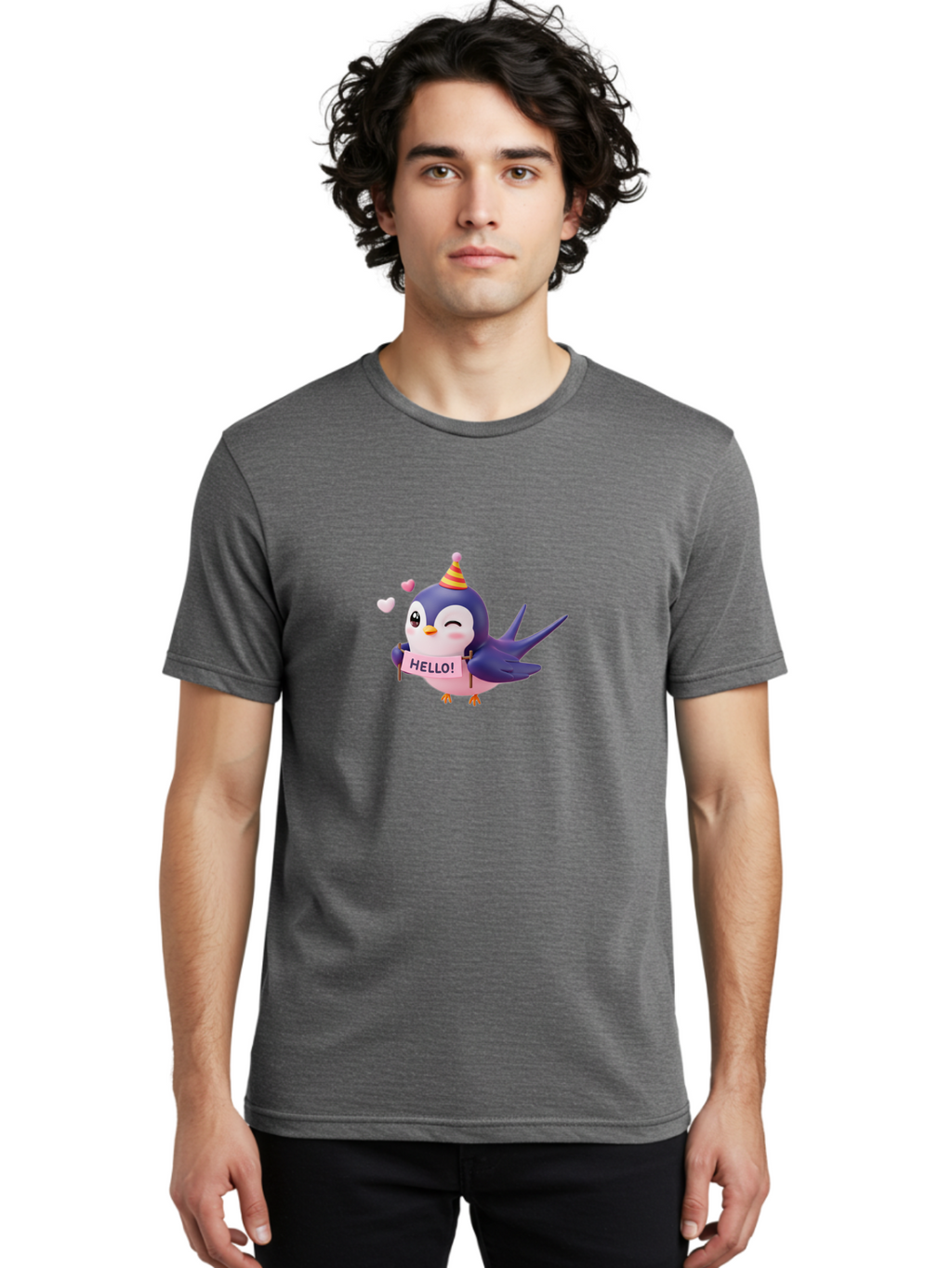Hello-Bird Men'S Graphic Tee, 100% Cotton, Comfortable Casual Summer Wear, Machine Washable, Cartoon Bird, Party Hat, Hello Sign, Cute Animal, Friendly Greeting, Pink Hearts, Whimsical Design, Digital Illustration, Colorful Character Bae203
