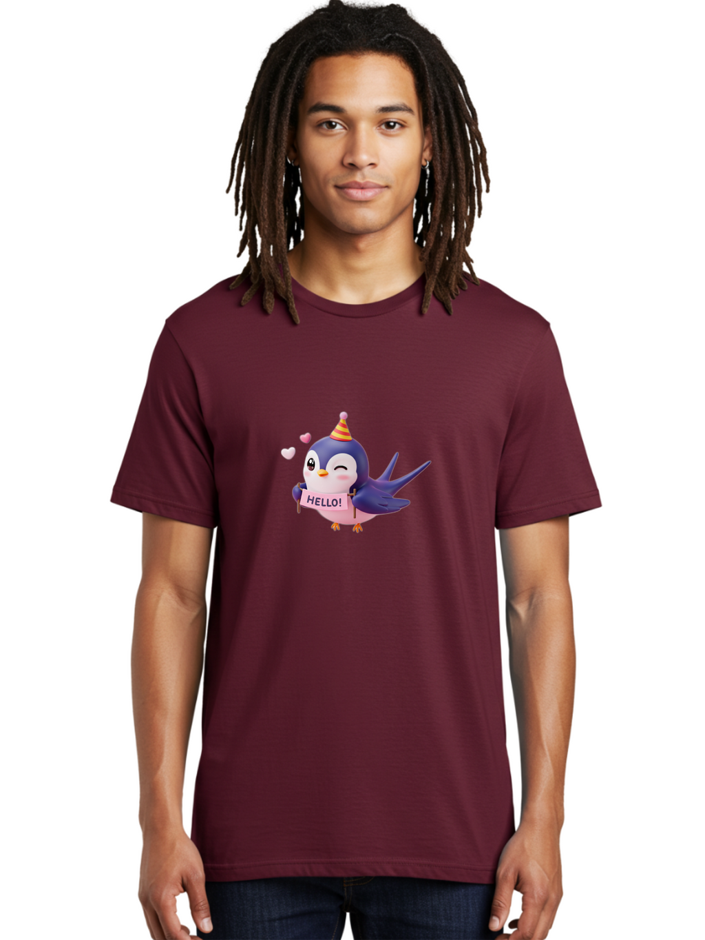 Hello-Bird Men'S Graphic Tee, 100% Cotton, Comfortable Casual Summer Wear, Machine Washable, Cartoon Bird, Party Hat, Hello Sign, Cute Animal, Friendly Greeting, Pink Hearts, Whimsical Design, Digital Illustration, Colorful Character Bae203