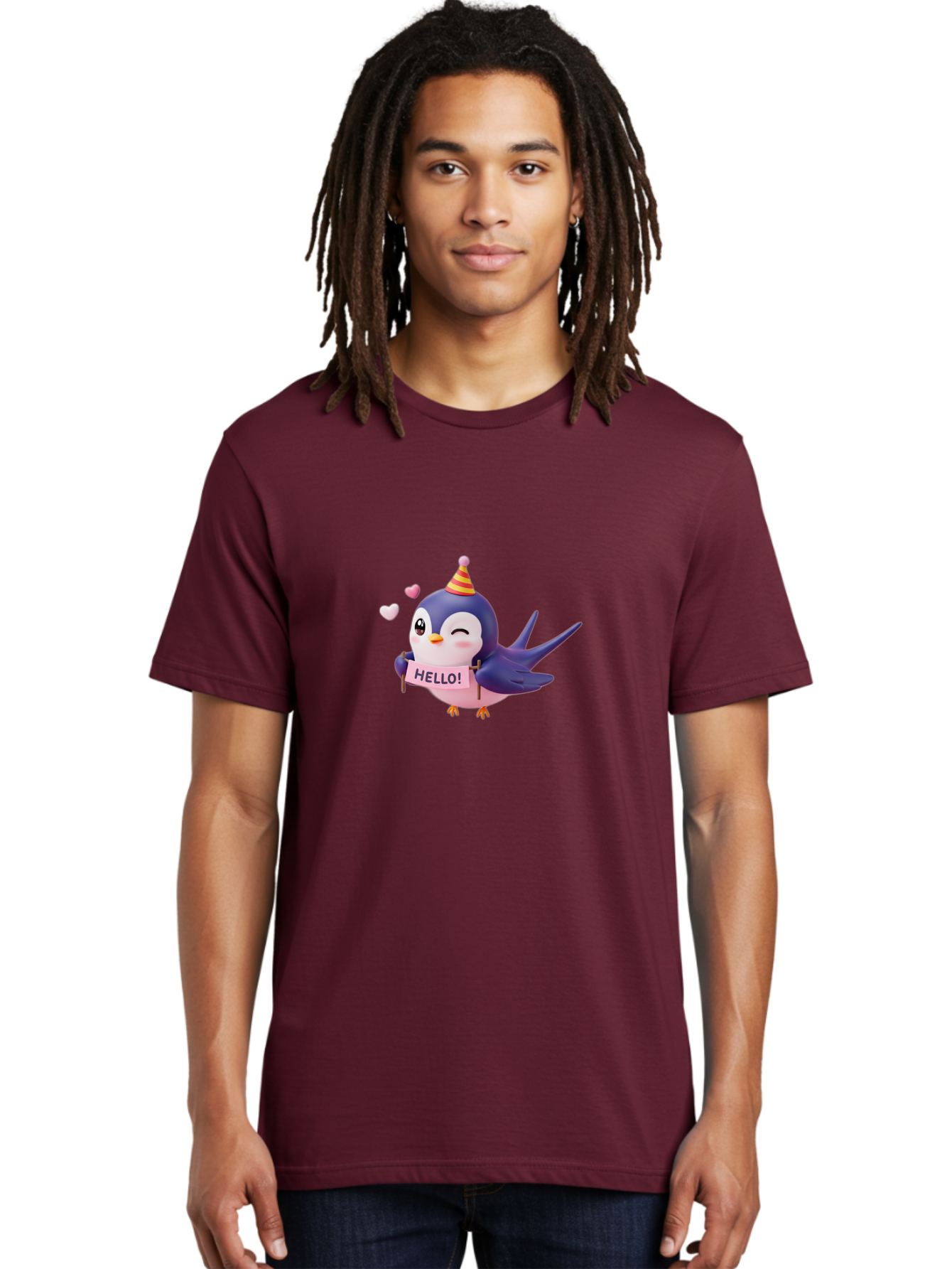 Hello-Bird Men'S Graphic Tee, 100% Cotton, Comfortable Casual Summer Wear, Machine Washable, Cartoon Bird, Party Hat, Hello Sign, Cute Animal, Friendly Greeting, Pink Hearts, Whimsical Design, Digital Illustration, Colorful Character Bae203
