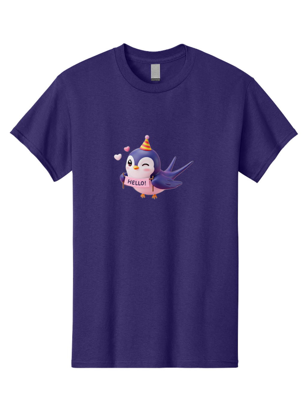 Hello-Bird Men'S Graphic Tee, 100% Cotton, Comfortable Casual Summer Wear, Machine Washable, Cartoon Bird, Party Hat, Hello Sign, Cute Animal, Friendly Greeting, Pink Hearts, Whimsical Design, Digital Illustration, Colorful Character Bae203