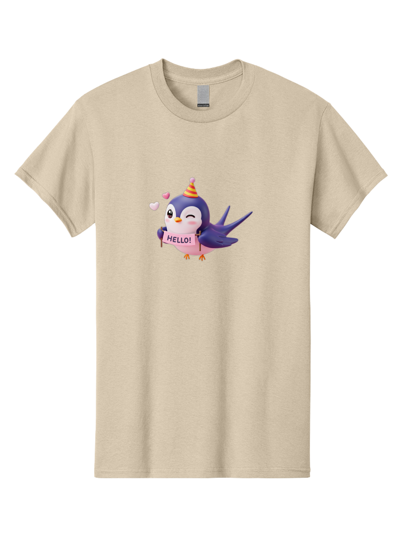 Hello-Bird Men'S Graphic Tee, 100% Cotton, Comfortable Casual Summer Wear, Machine Washable, Cartoon Bird, Party Hat, Hello Sign, Cute Animal, Friendly Greeting, Pink Hearts, Whimsical Design, Digital Illustration, Colorful Character Bae203