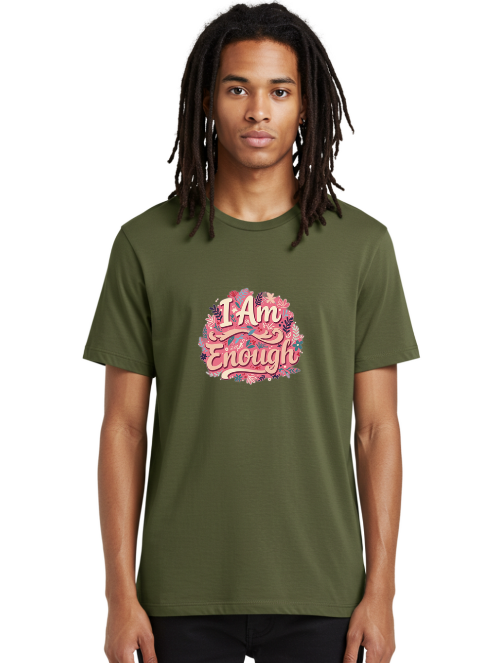 I-Am-Enough-1 Men'S Graphic Tee, 100% Cotton, Comfortable Casual Summer Wear, Machine Washable, Motivational Quote, Affirmation, Floral Design, Feminine Typography, Empowerment, Self-Love, Pink Flowers, Inspirational Art, Positive Thinking, Bae205