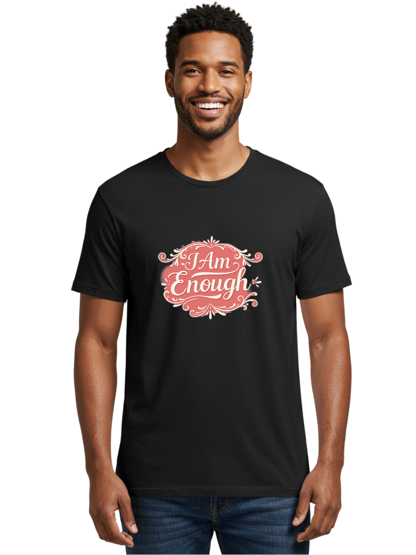 I-Am-Enough-3 Men'S Graphic Tee, 100% Cotton, Comfortable Casual Summer Wear, Machine Washable, Positive Affirmation, Self Love, Empowerment, Motivational Quote, Inspirational Message, Pink And White Design, Floral Elements, Bae207