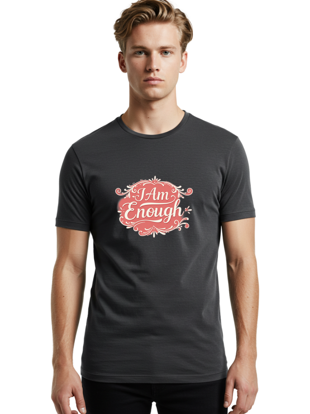 I-Am-Enough-3 Men'S Graphic Tee, 100% Cotton, Comfortable Casual Summer Wear, Machine Washable, Positive Affirmation, Self Love, Empowerment, Motivational Quote, Inspirational Message, Pink And White Design, Floral Elements, Bae207