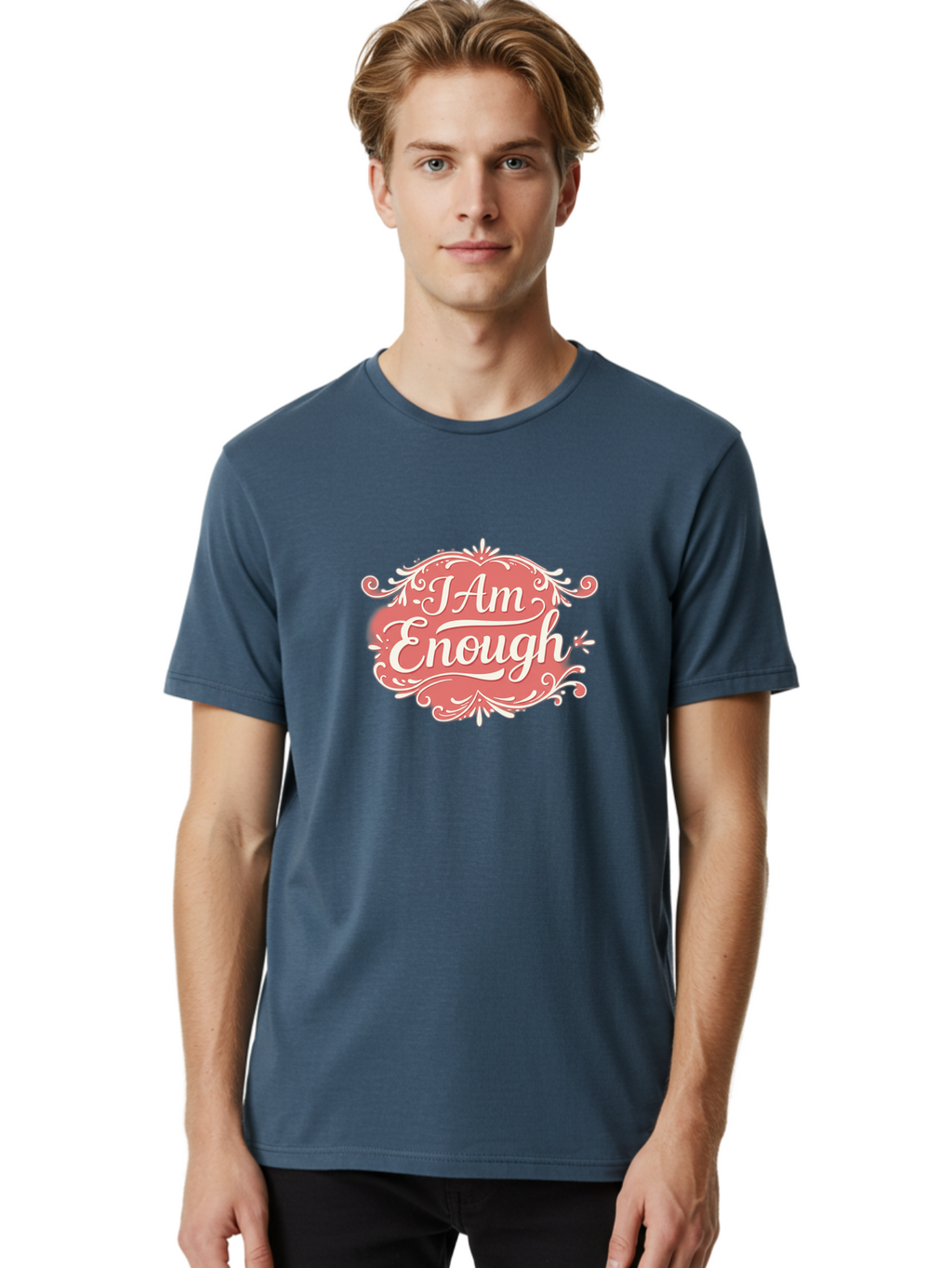 I-Am-Enough-3 Men'S Graphic Tee, 100% Cotton, Comfortable Casual Summer Wear, Machine Washable, Positive Affirmation, Self Love, Empowerment, Motivational Quote, Inspirational Message, Pink And White Design, Floral Elements, Bae207